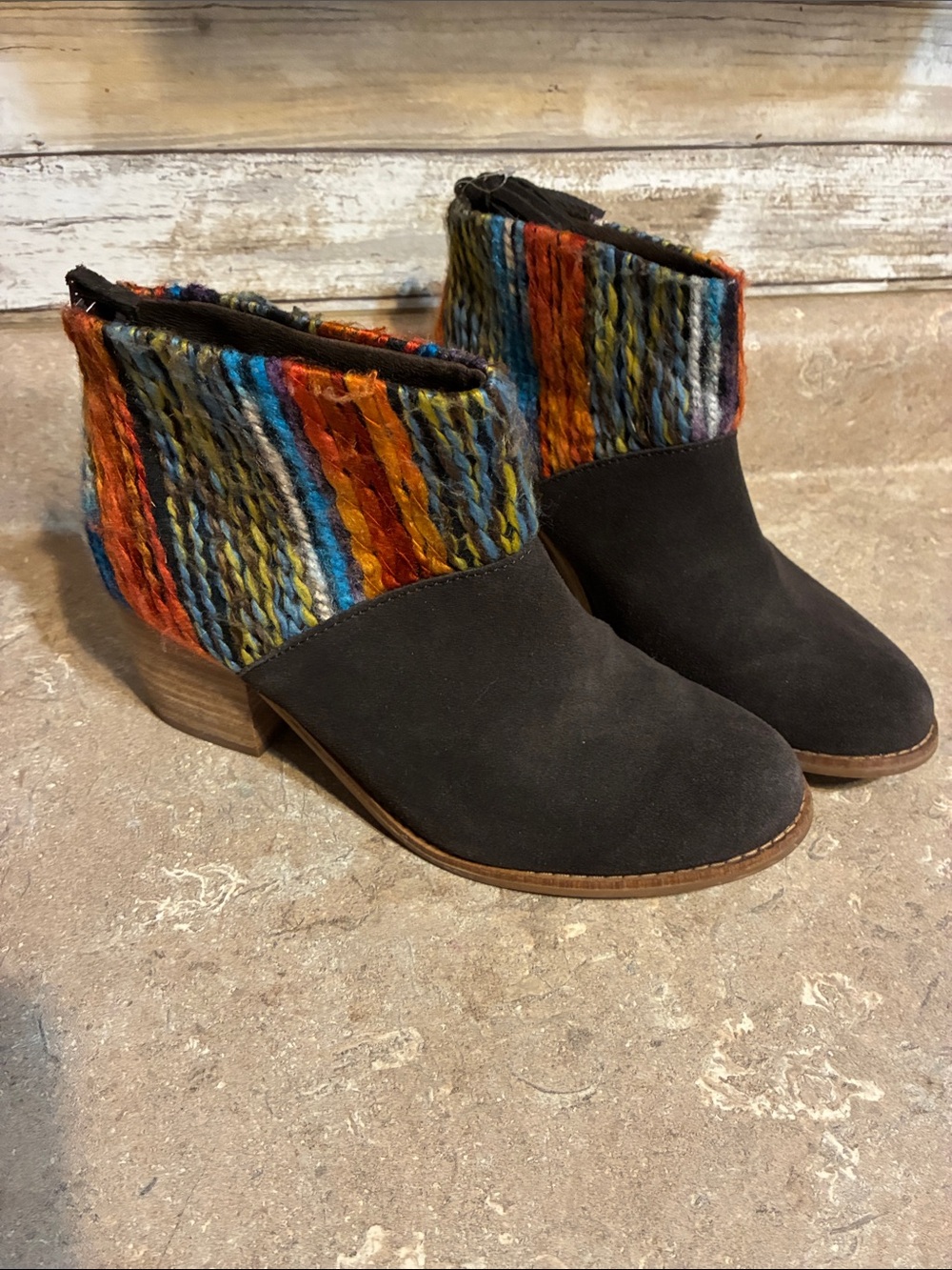 Tom’s Size 7 Women's Black Suede Ankle Boots with Multicolor Knit Cuff